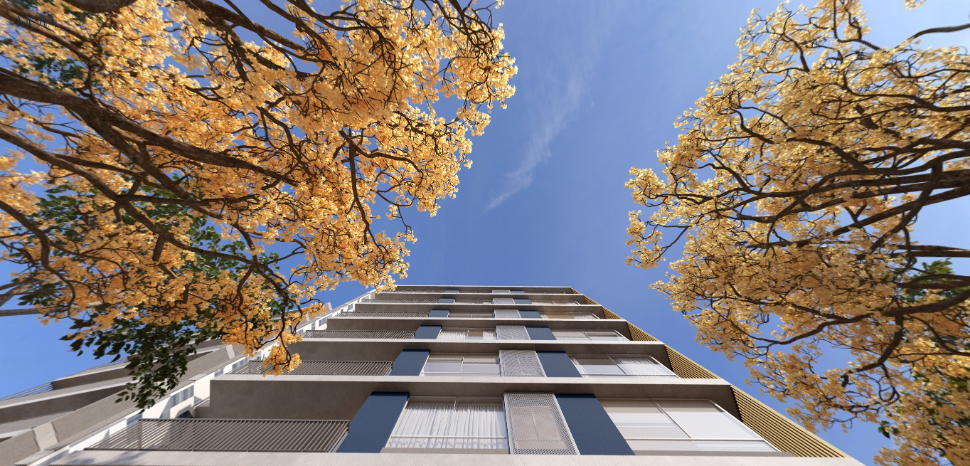 Fachada do empreendimento MOVA.WF vista de baixo, com arquitetura contemporânea integrada à paisagem urbana e árvores ao redor, em Curitiba.